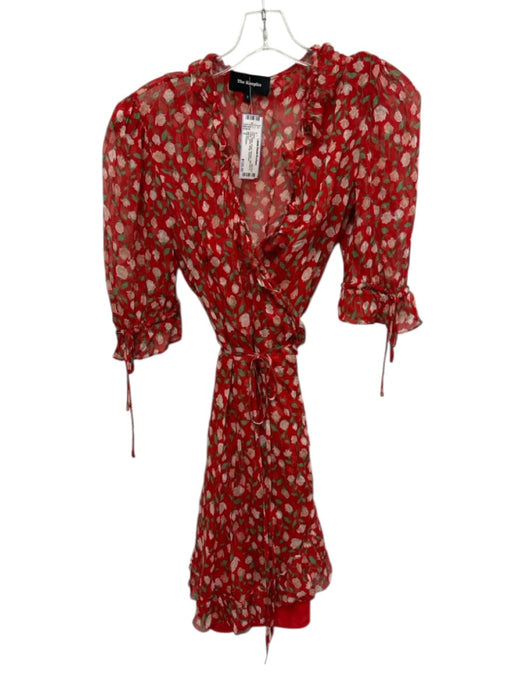 The Kooples Size 3 Red, White, Green Viscose Half Sleeve Floral Sheer Wrap Dress Red, White, Green / 3