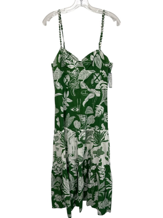 Farm Rio Size Medium Green & White Cotton Balls Leaves Tiered Maxi Dress Green & White / Medium