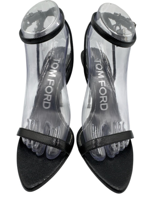 Tom Ford Shoe Size 38 Black & Gunmetal Leather Upper Shiny Wrap Ankle Sandals Black & Gunmetal / 38
