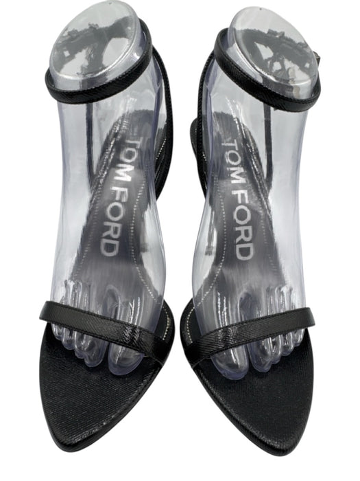 Tom Ford Shoe Size 38 Black & Gunmetal Leather Upper Shiny Wrap Ankle Sandals Black & Gunmetal / 38