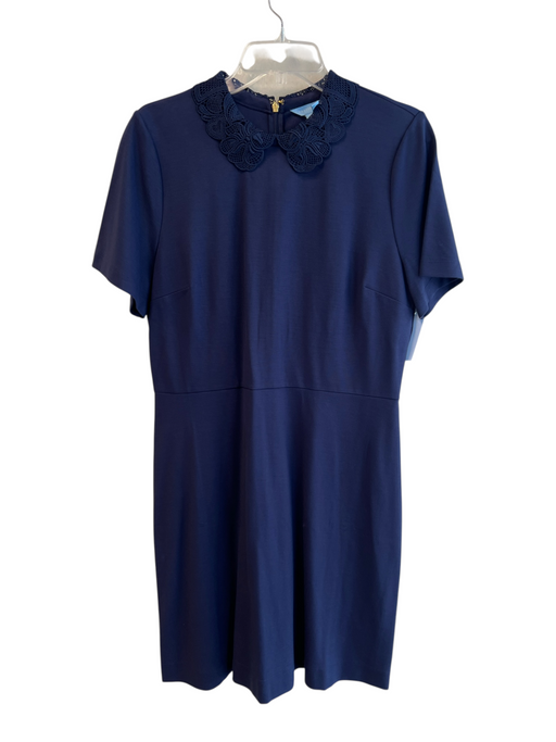 Draper James Size L Navy Rayon Blend Short Sleeve Solid Neck detail Dress Navy / L