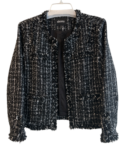 Ebossy Size Large Black & White Polyester Blend Fringe Detail Metallic Blazer Black & White / Large