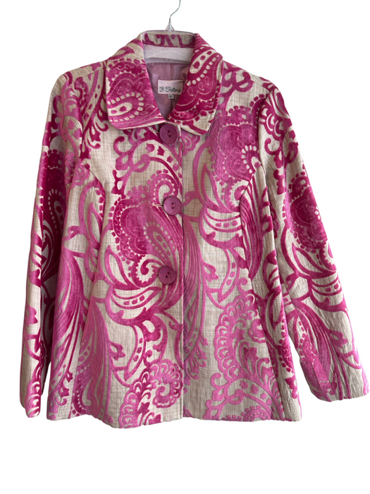 3 Sisters Size Large Pink & Tan Rayon Blend Button Mid Thigh Pockets Coat Pink & Tan / Large