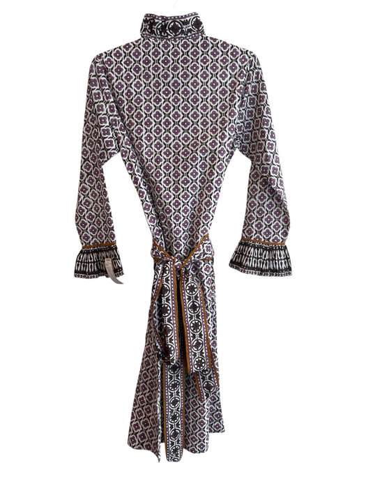 Sue Sartor Size S Purple & Brown 100% Cotton Long Sleeve Flower Pin V Neck Dress Purple & Brown / S
