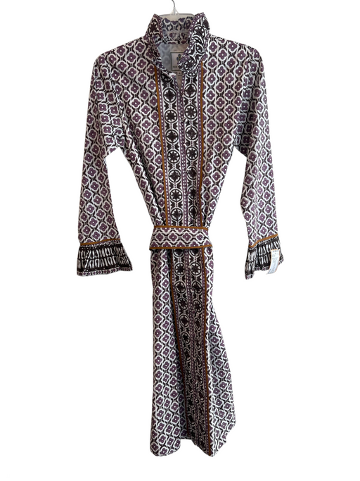 Sue Sartor Size S Purple & Brown 100% Cotton Long Sleeve Flower Pin V Neck Dress Purple & Brown / S