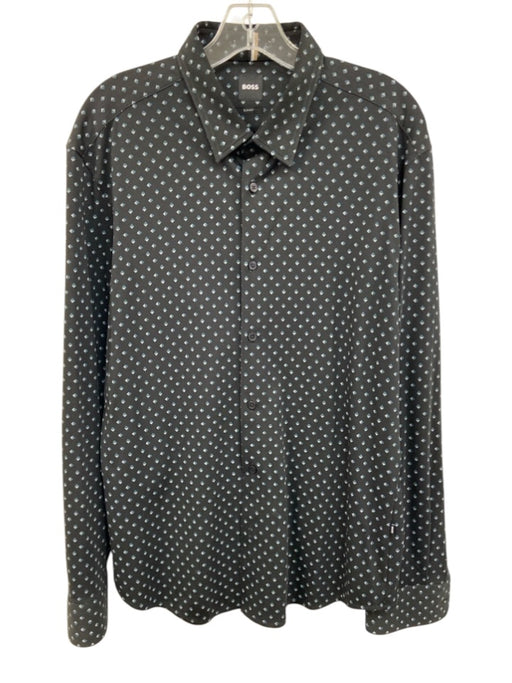 Boss Size XL Black & Blue Synthetic Abstract Button Up Slim Long Sleeve Shirt Black & Blue / XL