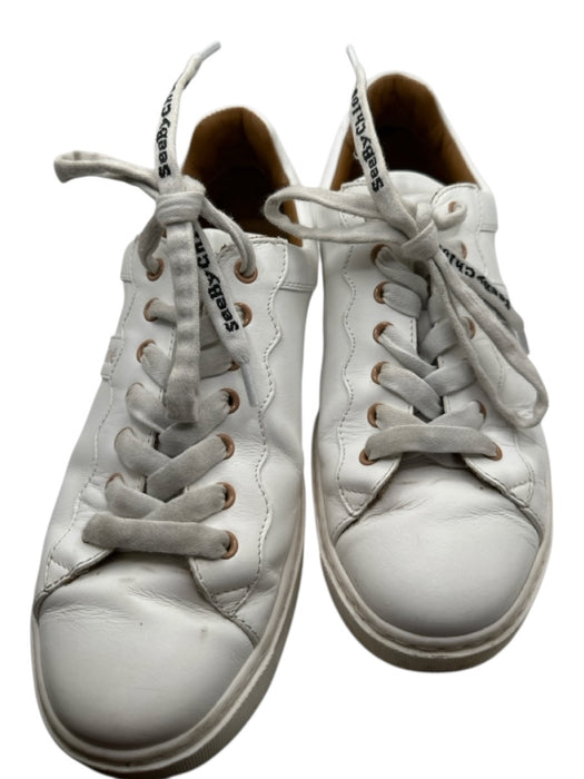 See By Chloe Shoe Size 38 White & Brown Leather Lace Up Scallop Detail Sneakers White & Brown / 38