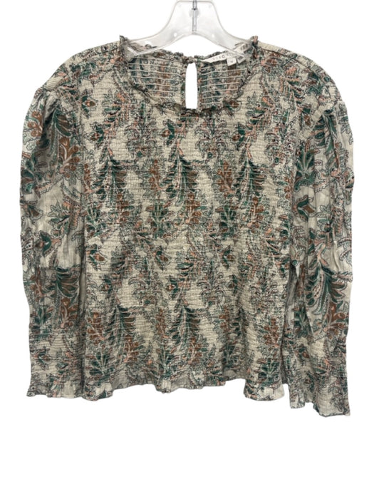 Veronica Beard Size 14 Beige, Green & Brown Cotton 3/4 Sleeve Shirred Top Beige, Green & Brown / 14