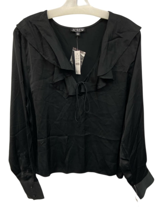 J. Crew Size XL Black Viscose Long Sleeve Ruffle Neckline Tie V Neck Satin Top Black / XL
