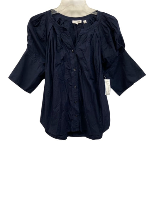 A.L.C. Size 2 Navy Blue Cotton 1/2 Sleeve Button Front Gathered Neck Top Navy Blue / 2