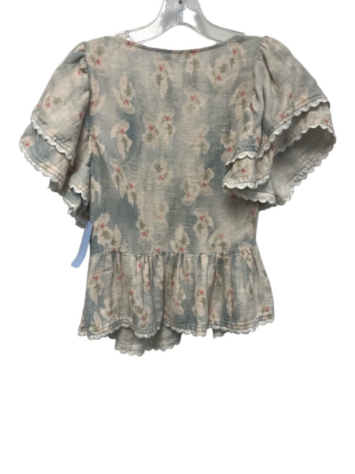 Hofmann Size 36 Beige, Pink & Blue Linen Abstract Floral Twist Front Top Beige, Pink & Blue / 36