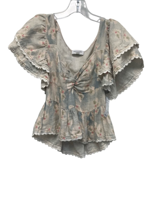 Hofmann Size 36 Beige, Pink & Blue Linen Abstract Floral Twist Front Top Beige, Pink & Blue / 36