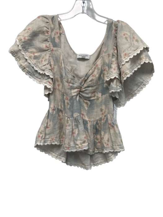 Hofmann Size 36 Beige, Pink & Blue Linen Abstract Floral Twist Front Top Beige, Pink & Blue / 36