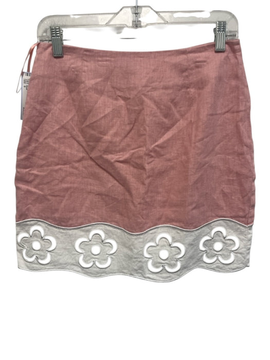 Staud Size 6 Pink & White Linen Floral Cutout Detailing Side Zip Mini Skirt Pink & White / 6