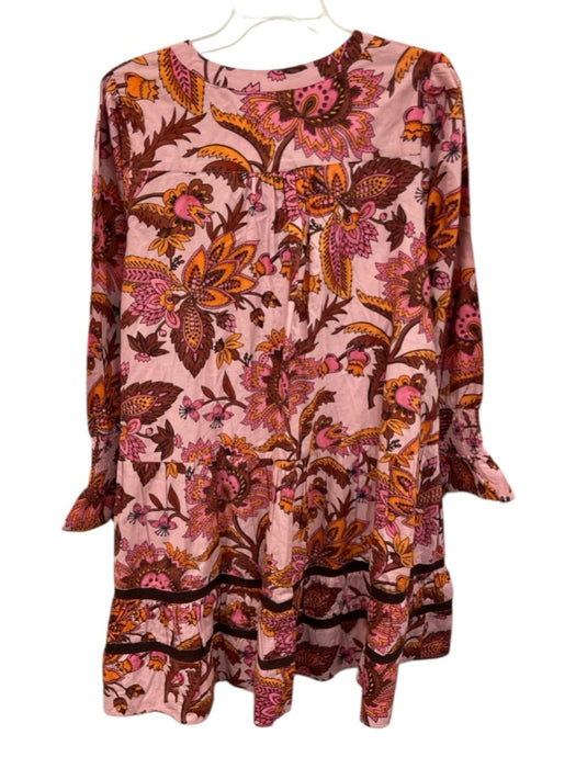 Tuckernuck Size XL Pink, Orange & Brown Cotton Long Sleeve Floral V Neck Dress Pink, Orange & Brown / XL