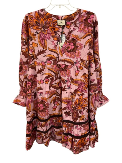 Tuckernuck Size XL Pink, Orange & Brown Cotton Long Sleeve Floral V Neck Dress Pink, Orange & Brown / XL