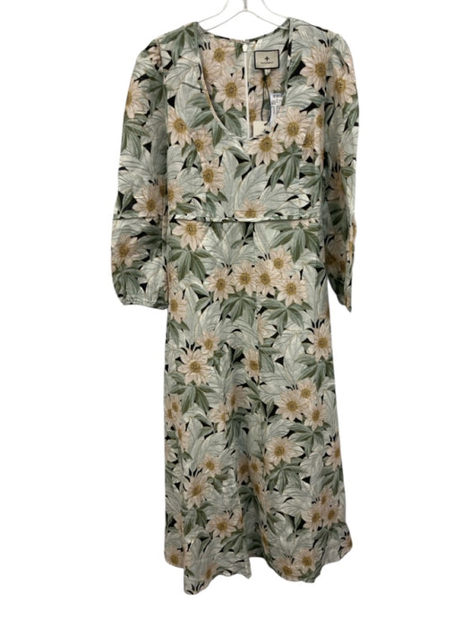 Tuckernuck Size L Green, Yellow & Black Linen Long Balloon Sleeve Floral Dress Green, Yellow & Black / L