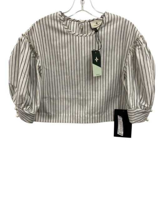 Tuckernuck Size S Cream & Navy Linen Short Balloon Sleeve Striped Crop Top Cream & Navy / S