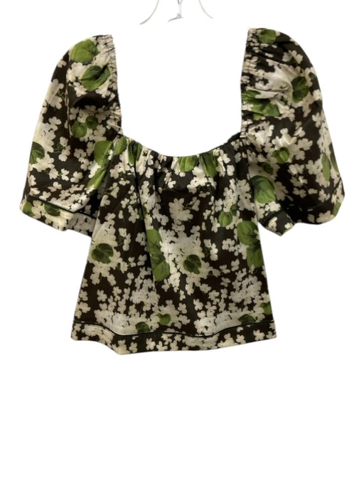 Tuckernuck Size XL Green & Cream Polyester Short Sleeve Floral Square Neck Top Green & Cream / XL