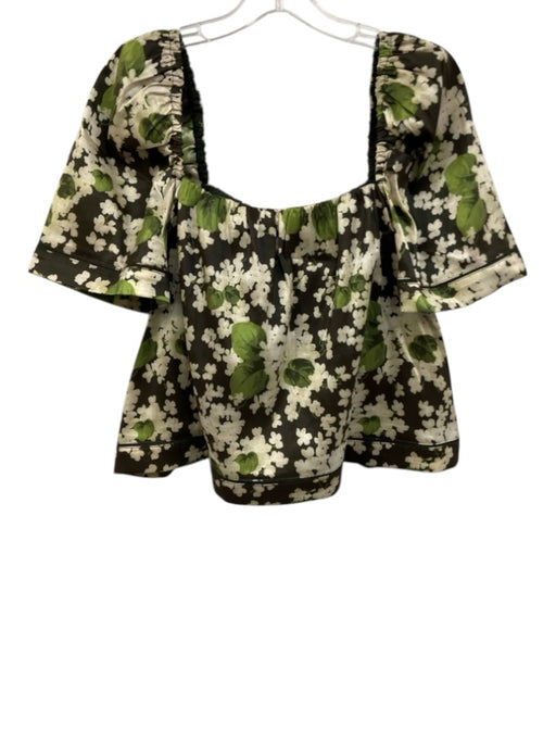 Tuckernuck Size XL Green & Cream Polyester Short Sleeve Floral Square Neck Top Green & Cream / XL