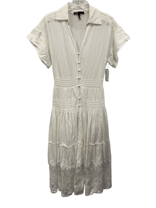 Maje Size 36 White Viscose Blend Short Sleeve Collared V Neck Lace Detail Dress White / 36