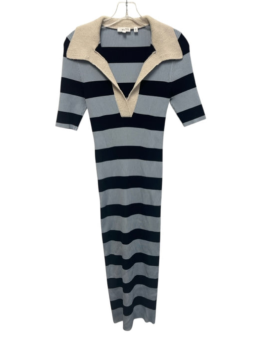 A.L.C. Size L Mixed Blues & Beige Rayon Blend Ribbed Knit Striped Dress Mixed Blues & Beige / L