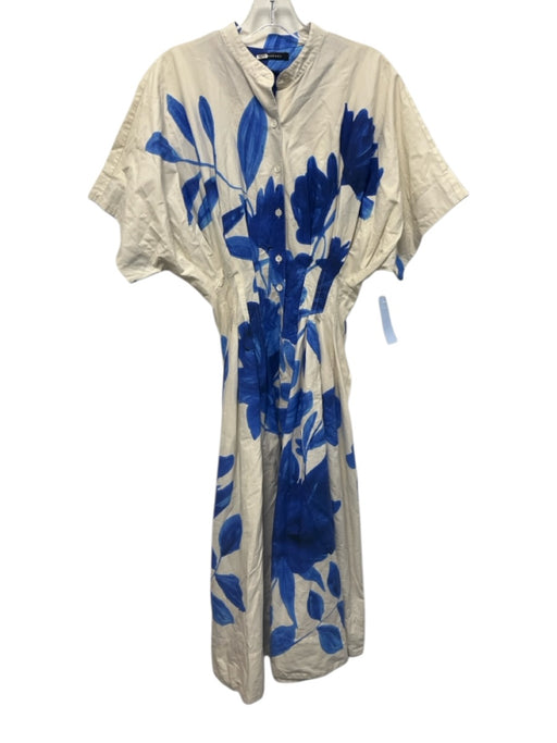 Natori Size 2 Cream White & Blue Cotton Blend Floral Watercolor Print Dress Cream White & Blue / 2