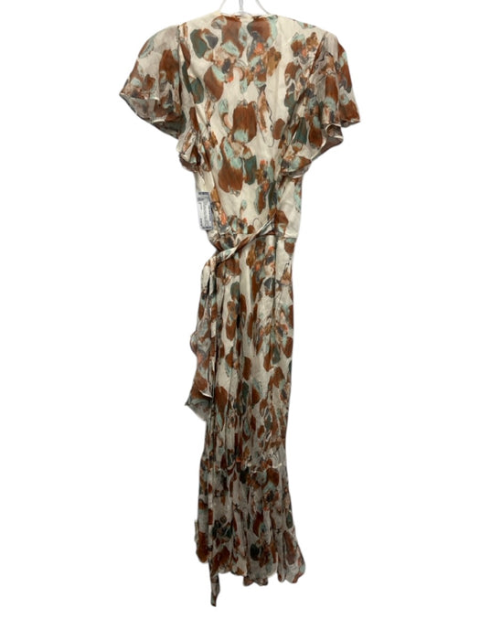 Tanya Taylor Size 6 Cream White, Brown & Green Linen & Silk Wrap V Neck Dress Cream White, Brown & Green / 6