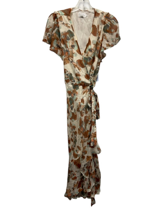 Tanya Taylor Size 6 Cream White, Brown & Green Linen & Silk Wrap V Neck Dress Cream White, Brown & Green / 6