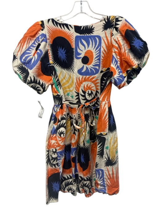 Untitled in Motion Size S Cream White, Blue & Orange Linen Blend Tie Waist Dress Cream White, Blue & Orange / S