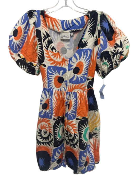 Untitled in Motion Size S Cream White, Blue & Orange Linen Blend Tie Waist Dress Cream White, Blue & Orange / S