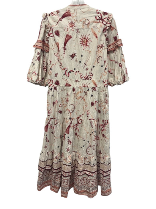 Marchesa Rosa Size 14 Cream White & Red Cotton 1/2 Balloon Sleeve Tiered Dress Cream White & Red / 14