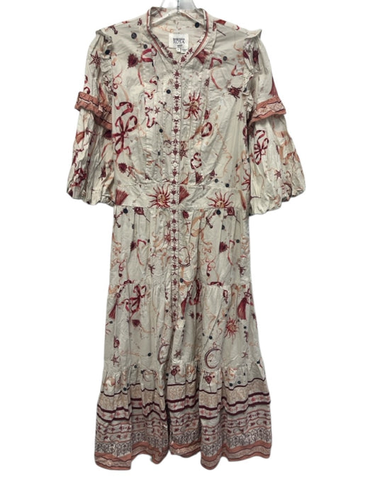 Marchesa Rosa Size 14 Cream White & Red Cotton 1/2 Balloon Sleeve Tiered Dress Cream White & Red / 14