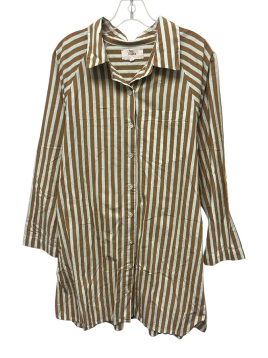 XiRENA Size M White, Brown & Green Cotton Striped Long Sleeve Button Up Dress White, Brown & Green / M