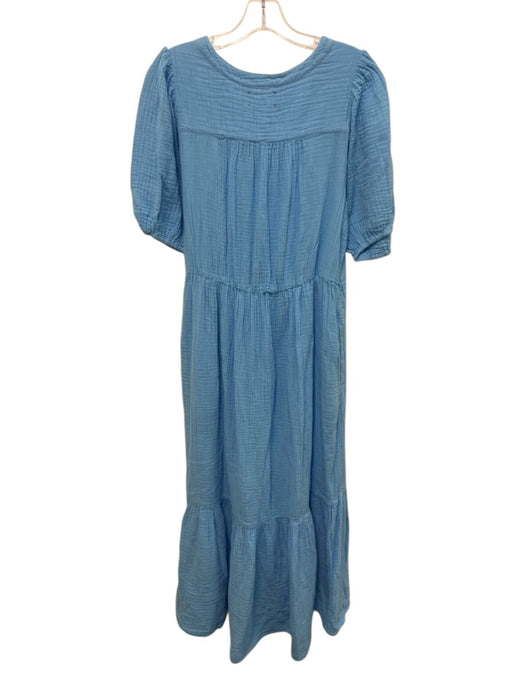 XiRENA Size M Blue Cotton Gauze 1/2 Puff Sleeve Button Front Tiered Dress Blue / M