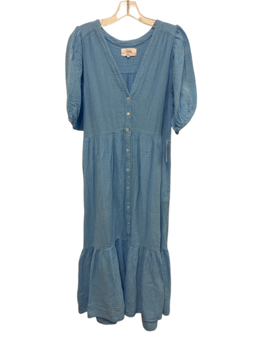 XiRENA Size M Blue Cotton Gauze 1/2 Puff Sleeve Button Front Tiered Dress Blue / M