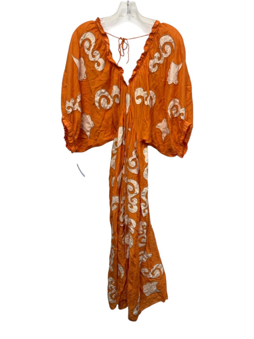 Chufy Size M Orange & cream Cupro Blend 1/2 Dolman Sleeve Split Neck Midi Dress Orange & cream / M