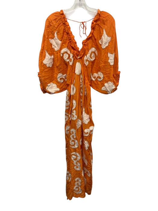 Chufy Size M Orange & cream Cupro Blend 1/2 Dolman Sleeve Split Neck Midi Dress Orange & cream / M