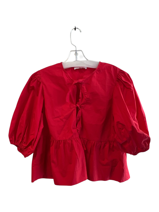 Olivaceous Size M Red Cotton Balloon Sleeves solid color Bow Detail V Neck Top Red / M