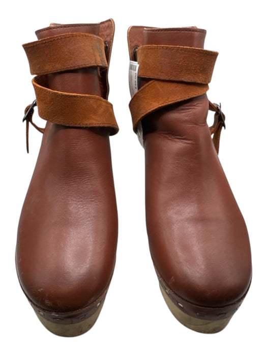 Free People Shoe Size 37 Brown Leather Wood Sole Block Heel Ankle Strap Clogs Brown / 37