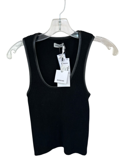 Simkhai Size XS Black Viscose Blend Vegan Leather Accents Ribbed Sleeveless Top Black / XS