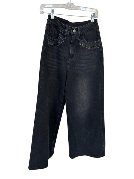 Lokita Size M Black Cotton Blend High Waist Rhinestone Wide Leg Jeans Black / M