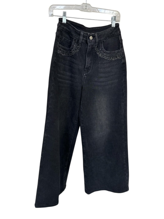 Lokita Size M Black Cotton Blend High Waist Rhinestone Wide Leg Jeans Black / M