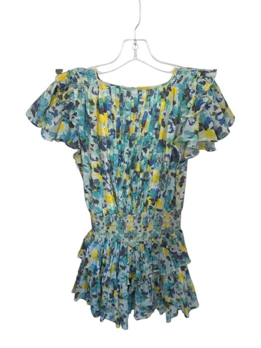 Loveshackfancy Size S Blue & Yellow Cotton V Neck Middle Pleat Dress Blue & Yellow / S