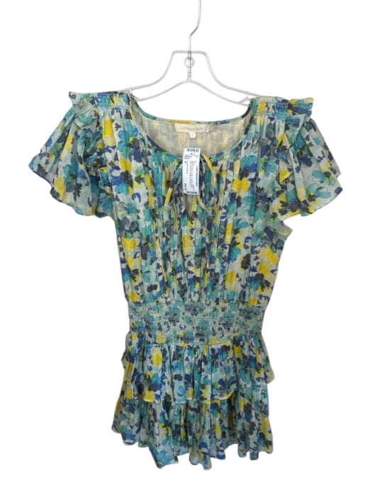 Loveshackfancy Size S Blue & Yellow Cotton V Neck Middle Pleat Dress Blue & Yellow / S
