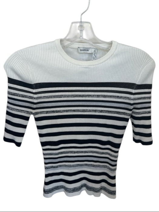 Simkhai Size XS Black & White Rayon Blend Striped Half Sleeve Form Fitting Top Black & White / XS