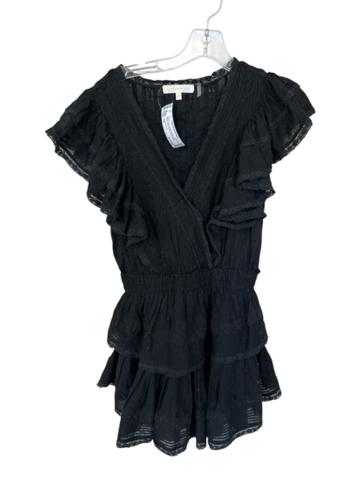 Loveshackfancy Size XS Black Cotton Flutter Sleeves Lace Detail V Neck Dress Black / XS