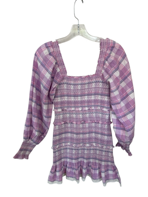 Loveshackfancy Size XS purple & pink Cotton Long Balloon Sleeve Plaid Dress purple & pink / XS
