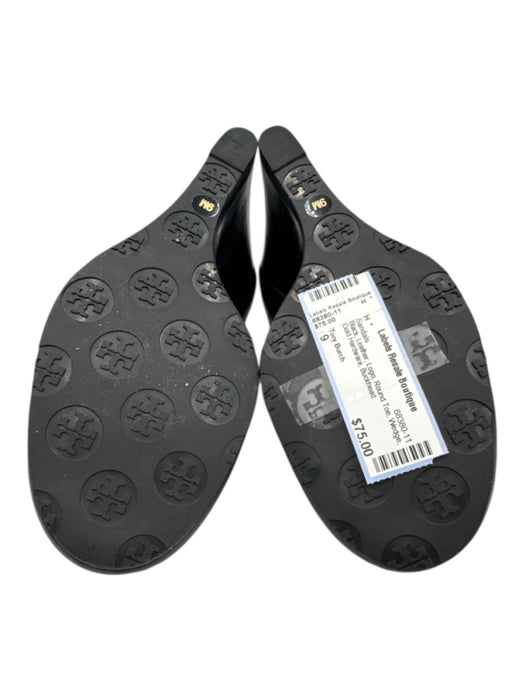 Tory Burch Shoe Size 9 Black Leather Logo Round Toe Wedge Gold Hardware Sandals Black / 9