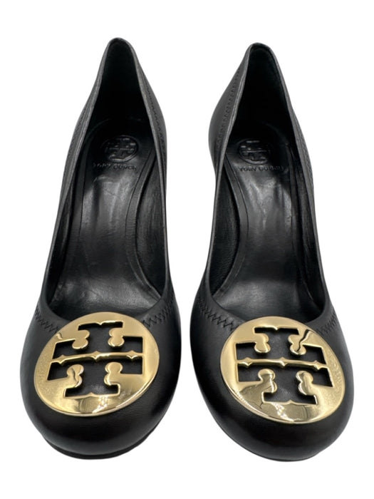 Tory Burch Shoe Size 9 Black Leather Logo Round Toe Wedge Gold Hardware Sandals Black / 9